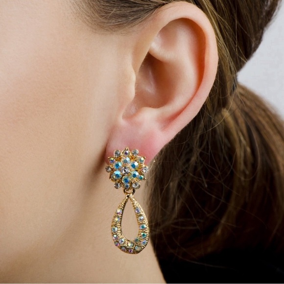 NORDSTROM 70’s Style Sparkly Gold Tone With Rhinestones Dangle Drop Earrings NEW - Picture 4 of 12